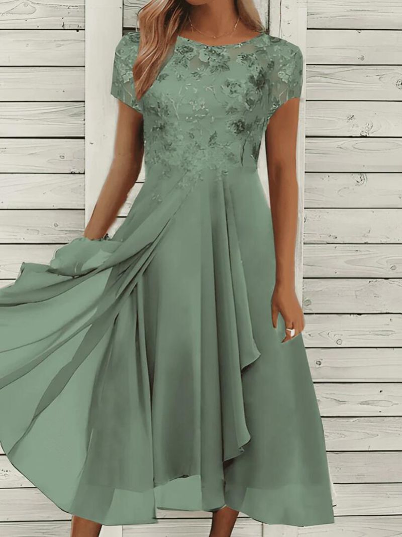 Women's Lace Bodice Short Sleeve Formal Dress with Chiffon Skirt