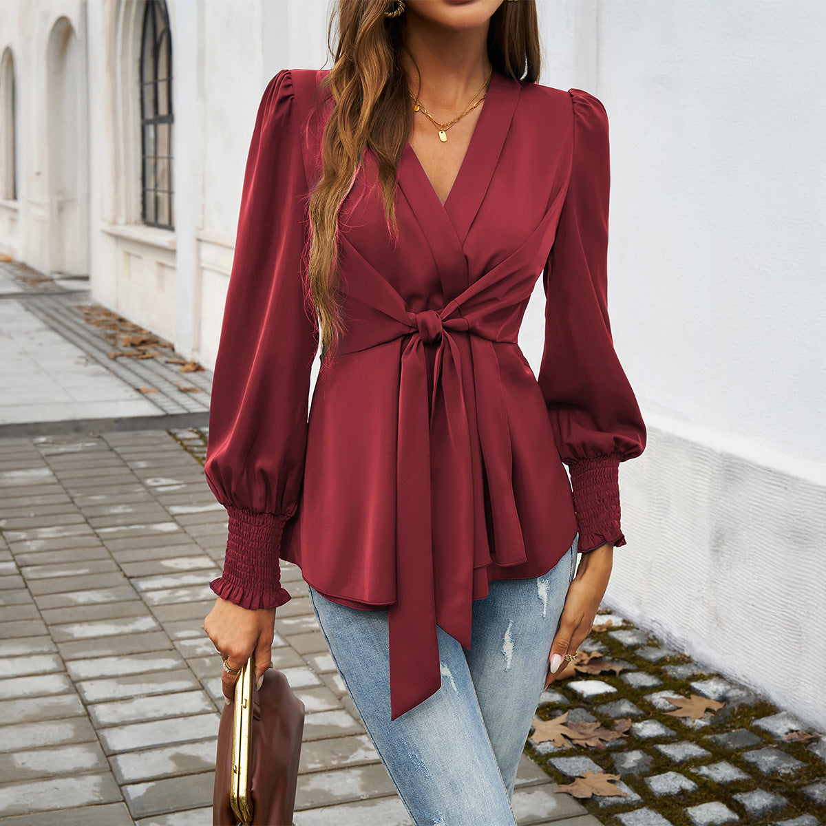 Women’s V-Neck Cuffed Long Sleeve Blouse with Waist Tie