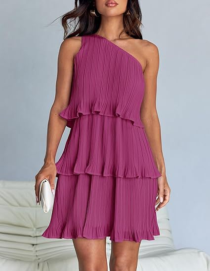 Women's Layered One Shoulder Sleeveless Ruffled Mini Dress