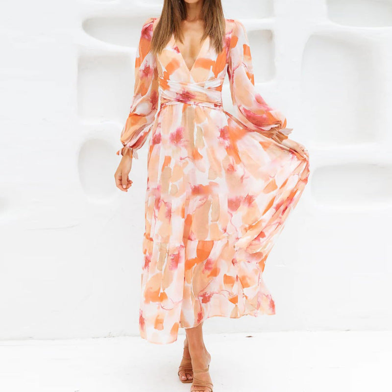 Women’s Printed V-Neck Long Sleeve Summer Maxi Dress