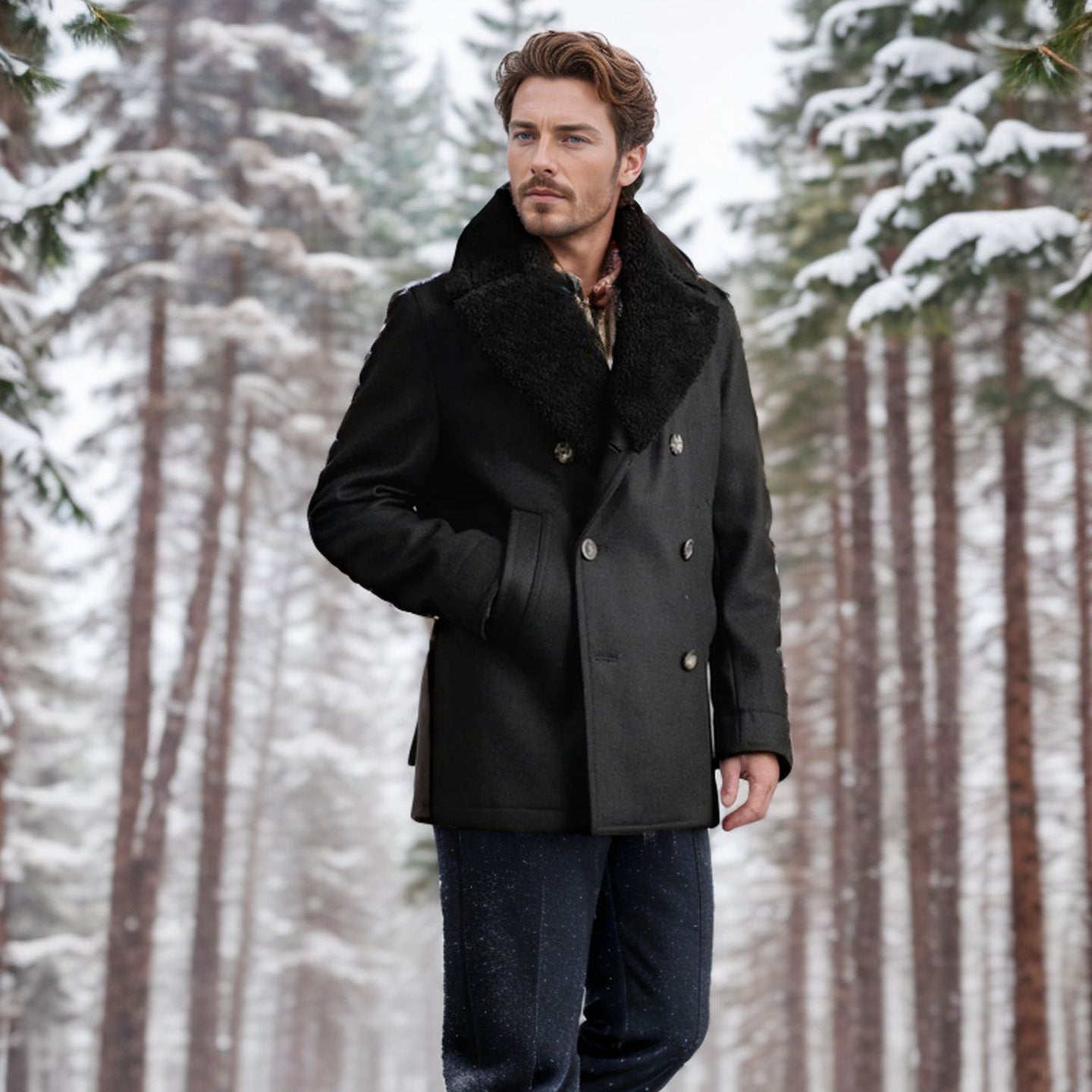 Men’s Double Breasted Wool Coat with Pockets