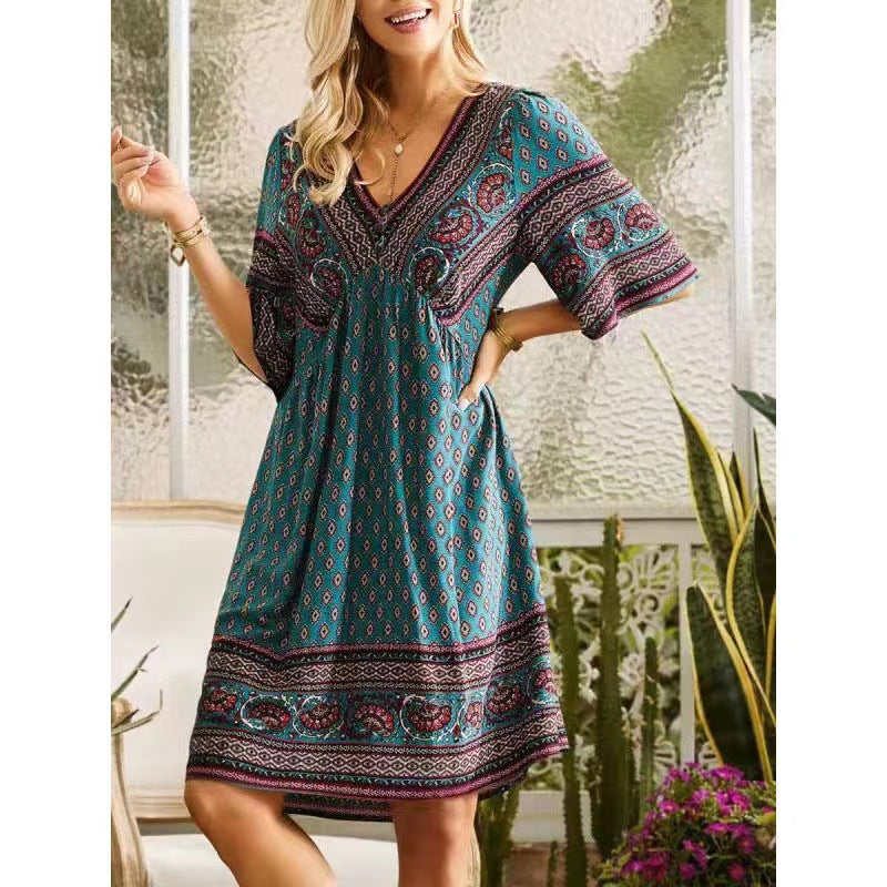 Women’s Loose Fit V-Neck Half Sleeve Boho Midi Dress