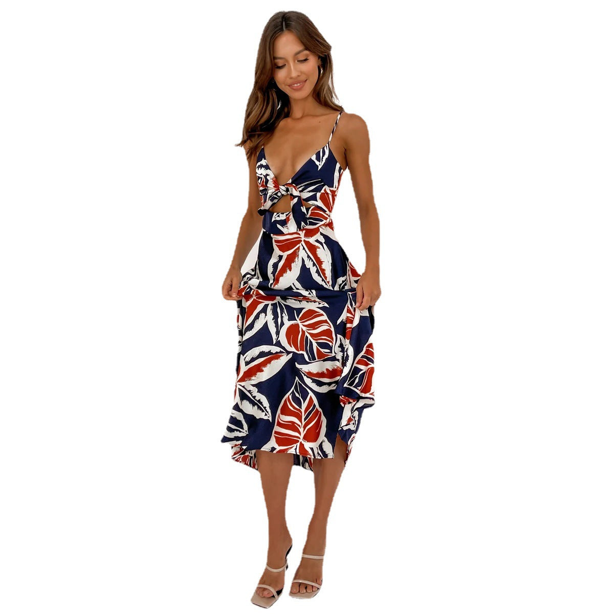 Women’s Sleeveless Leaf Print Midi Dress with Front Tie