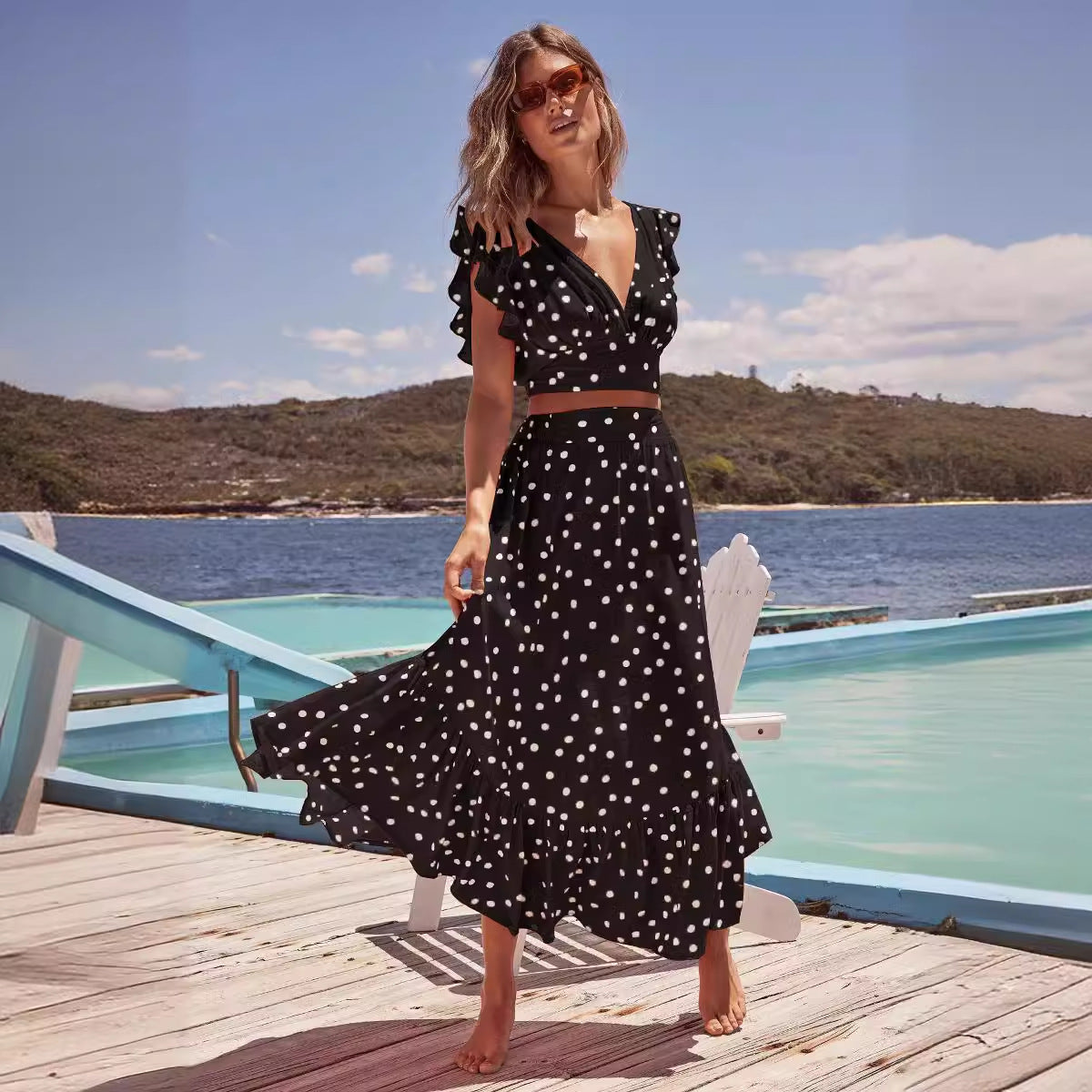 Women's Polka Dot V-Neck Crop Top with Maxi Skirt Set