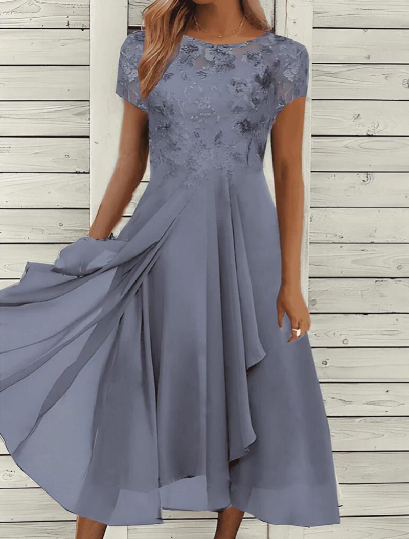 Women's Lace Bodice Short Sleeve Formal Dress with Chiffon Skirt