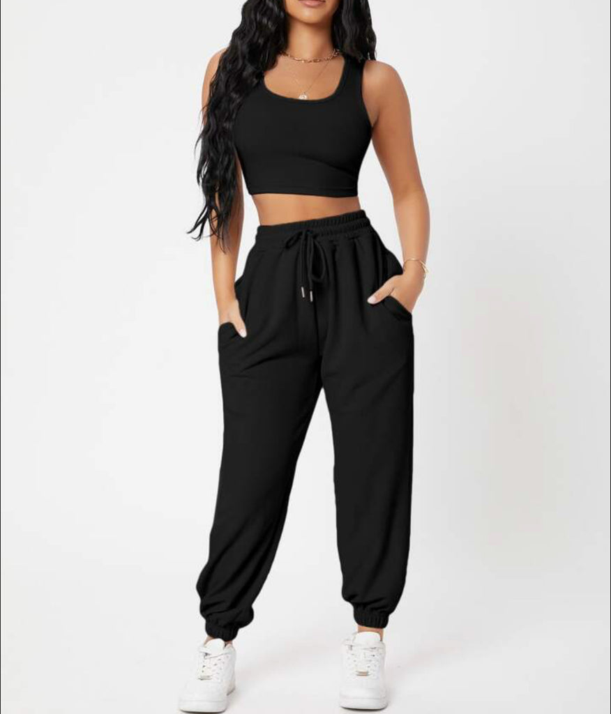 Women’s Sleeveless Crop Top with Cuffed Sweatpants Activewear Set in 7 Colors S-XL - Wazzi's Wear