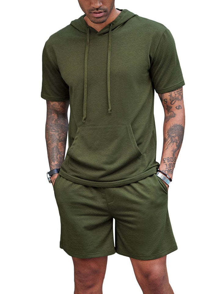 Men's Hooded Drawstring Short Sleeve Top with Shorts Set