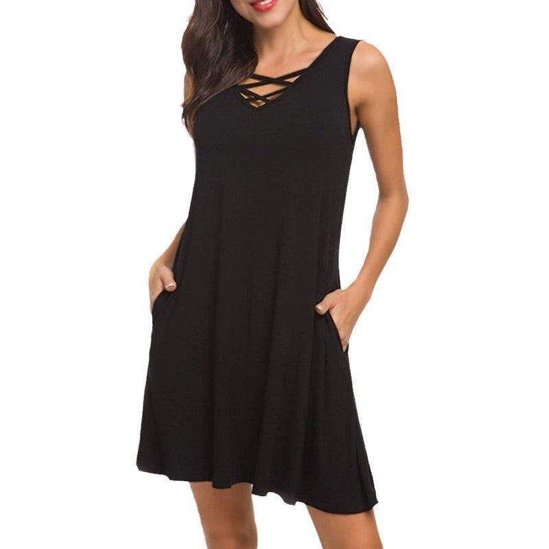 Vestido casual de verano sin mangas con cuello en V para mujer con bolsillos y lazo en la cintura en 7 colores S-XXL