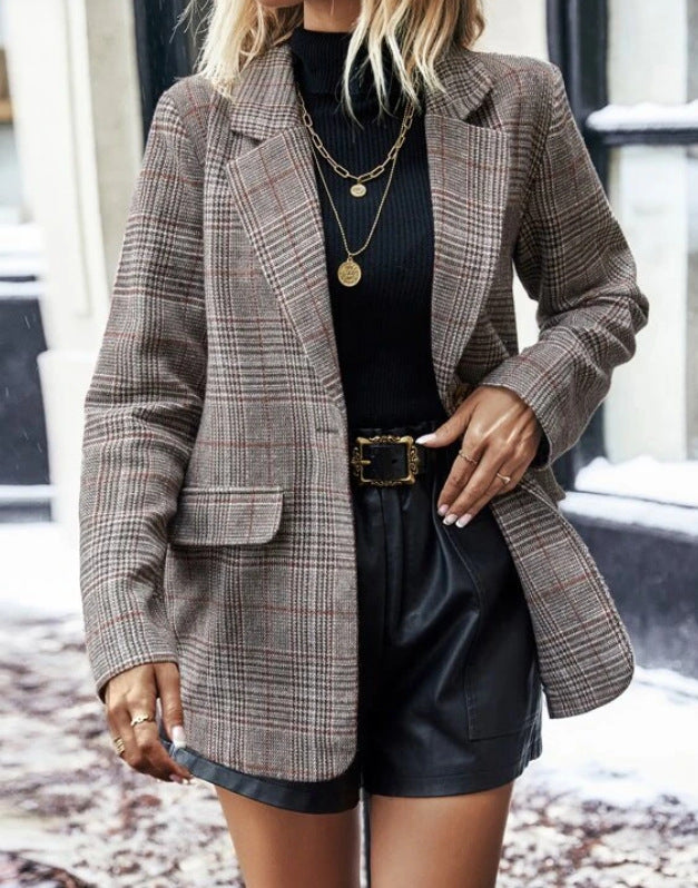 Women's Vintage Plaid Suit Jacket Plaid with Lapel S-XXL - Wazzi's Wear