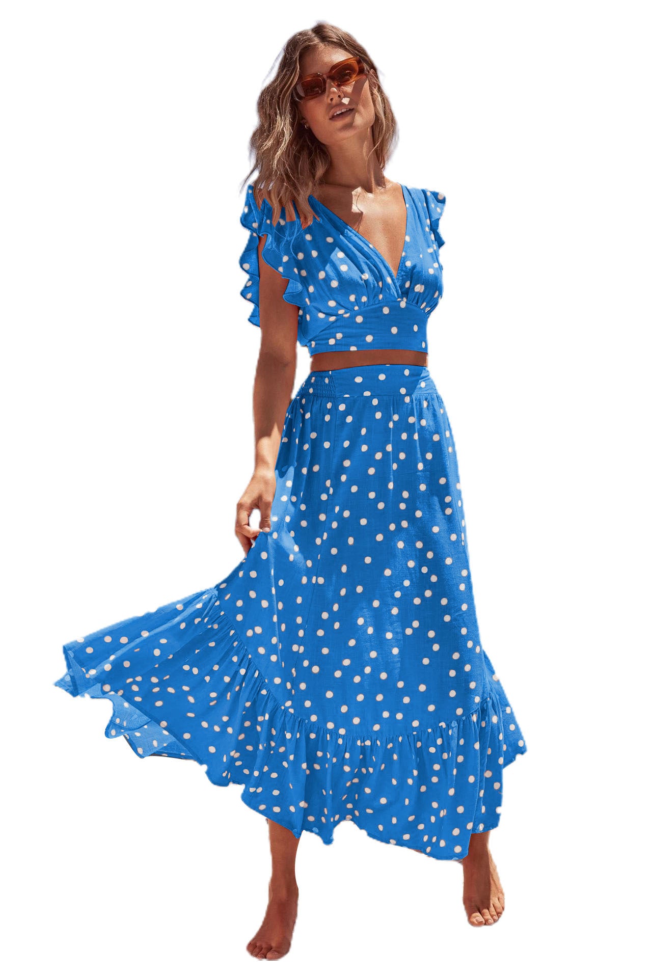 Women's Polka Dot V-Neck Crop Top with Maxi Skirt Set