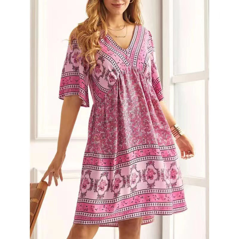 Women’s Loose Fit V-Neck Half Sleeve Boho Midi Dress