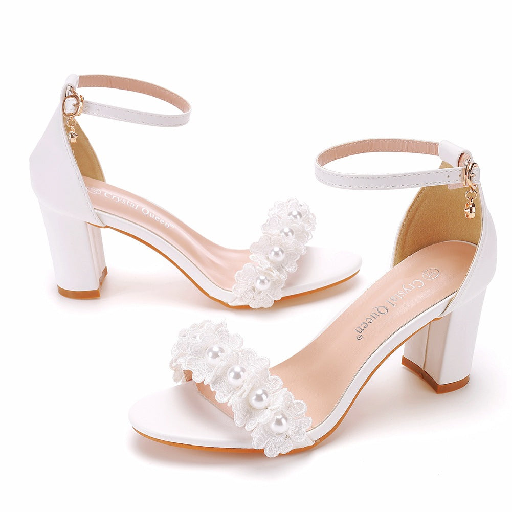 Women's Beaded Flower High Heel Sandals with Ankle Strap - Wazzi's Wear