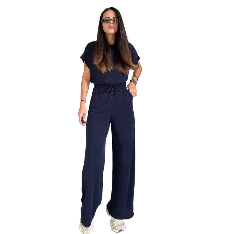 Women's Round Neck Short Sleeve Top with Wide Leg Pants Set