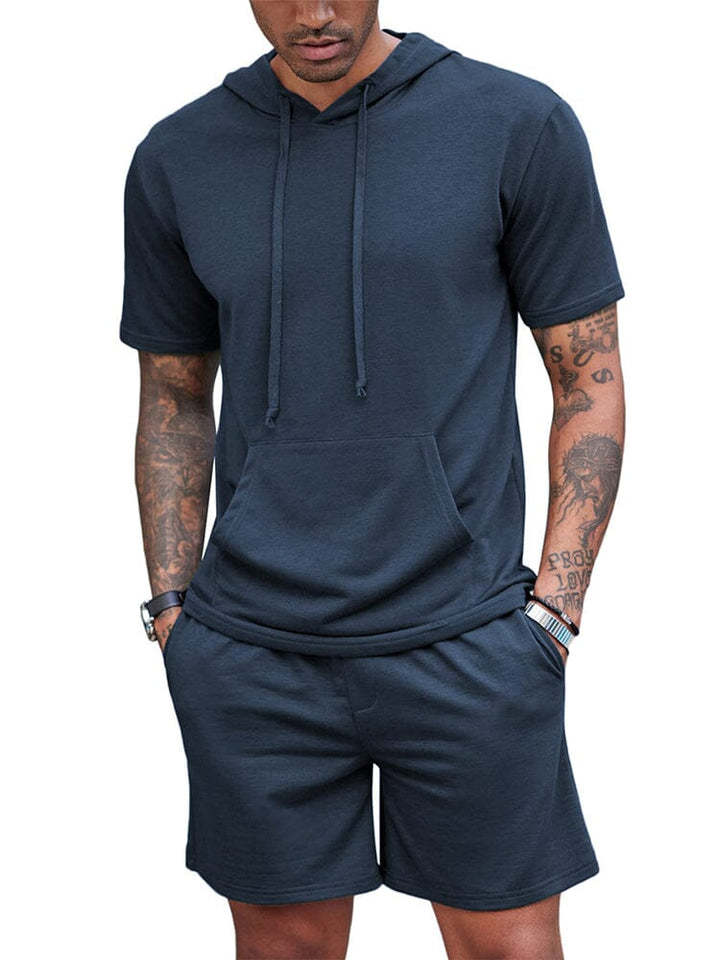 Men's Hooded Drawstring Short Sleeve Top with Shorts Set