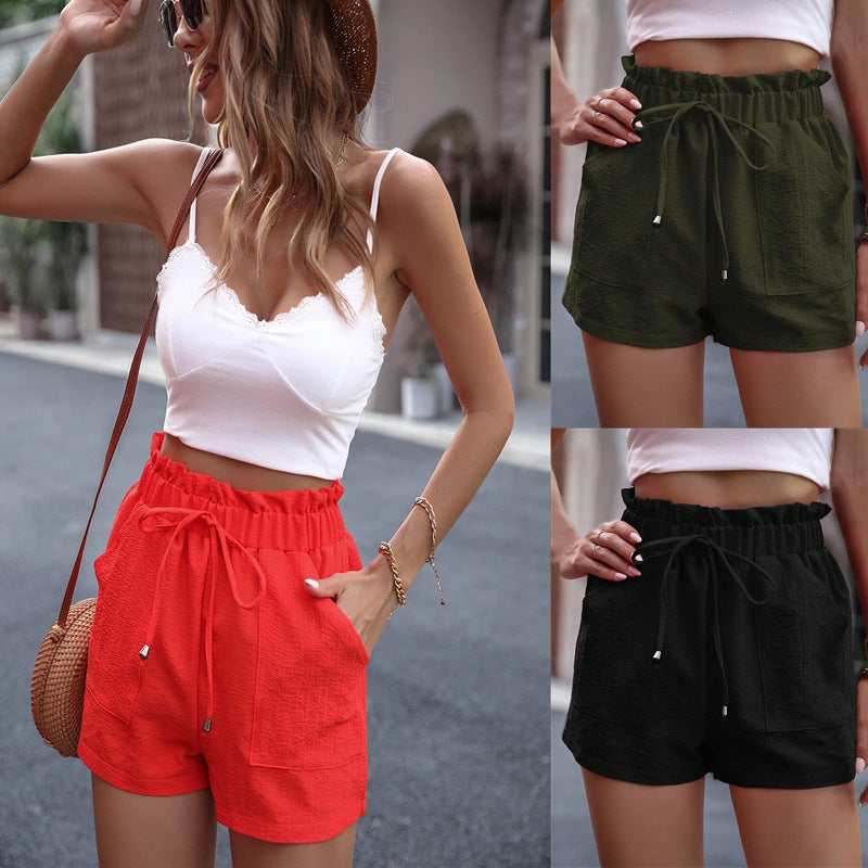 Solid Color Women's Shorts with Elastic Waist and Pockets