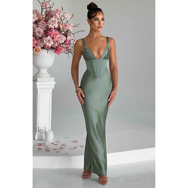 Women's Elegant Deep V-Neck Satin Sleeveless Evening Dress in 2 Colors S-L - Wazzi's Wear