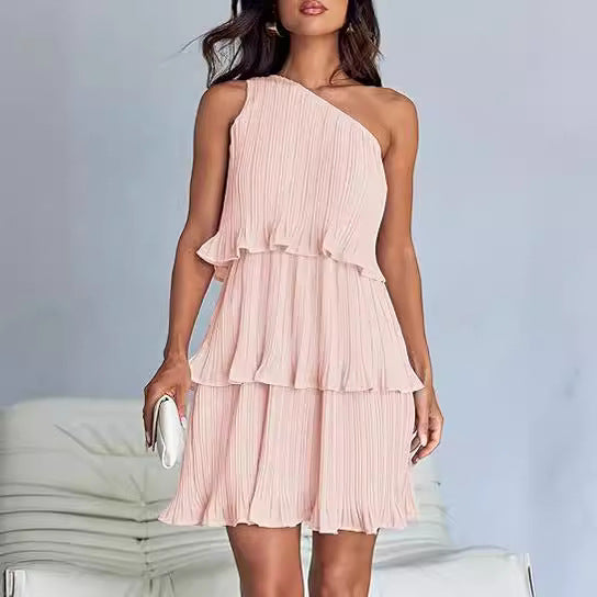 Women's Layered One Shoulder Sleeveless Ruffled Mini Dress