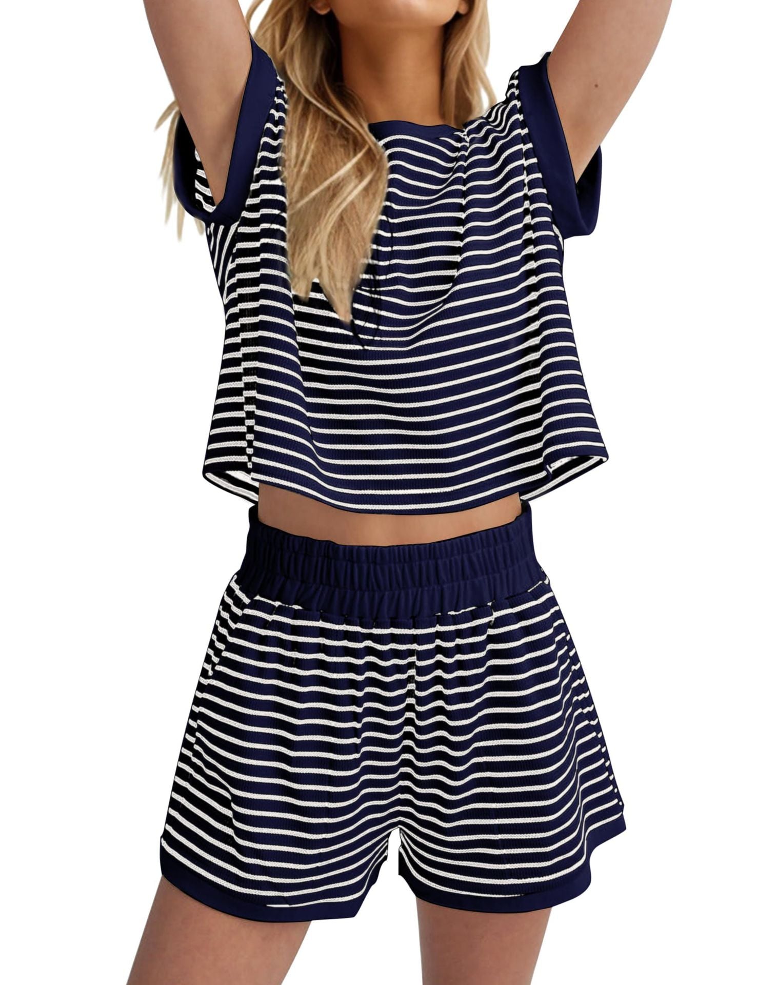 Women’s Striped Short Sleeve Top with Shorts Loungewear Set