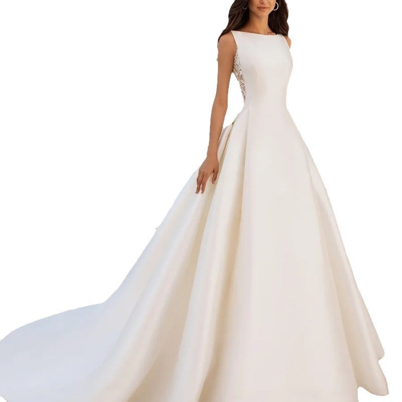 Women’s Sleeveless Satin Wedding Dress with Lace and High Waist Sizes 2-26W - Wazzi's Wear