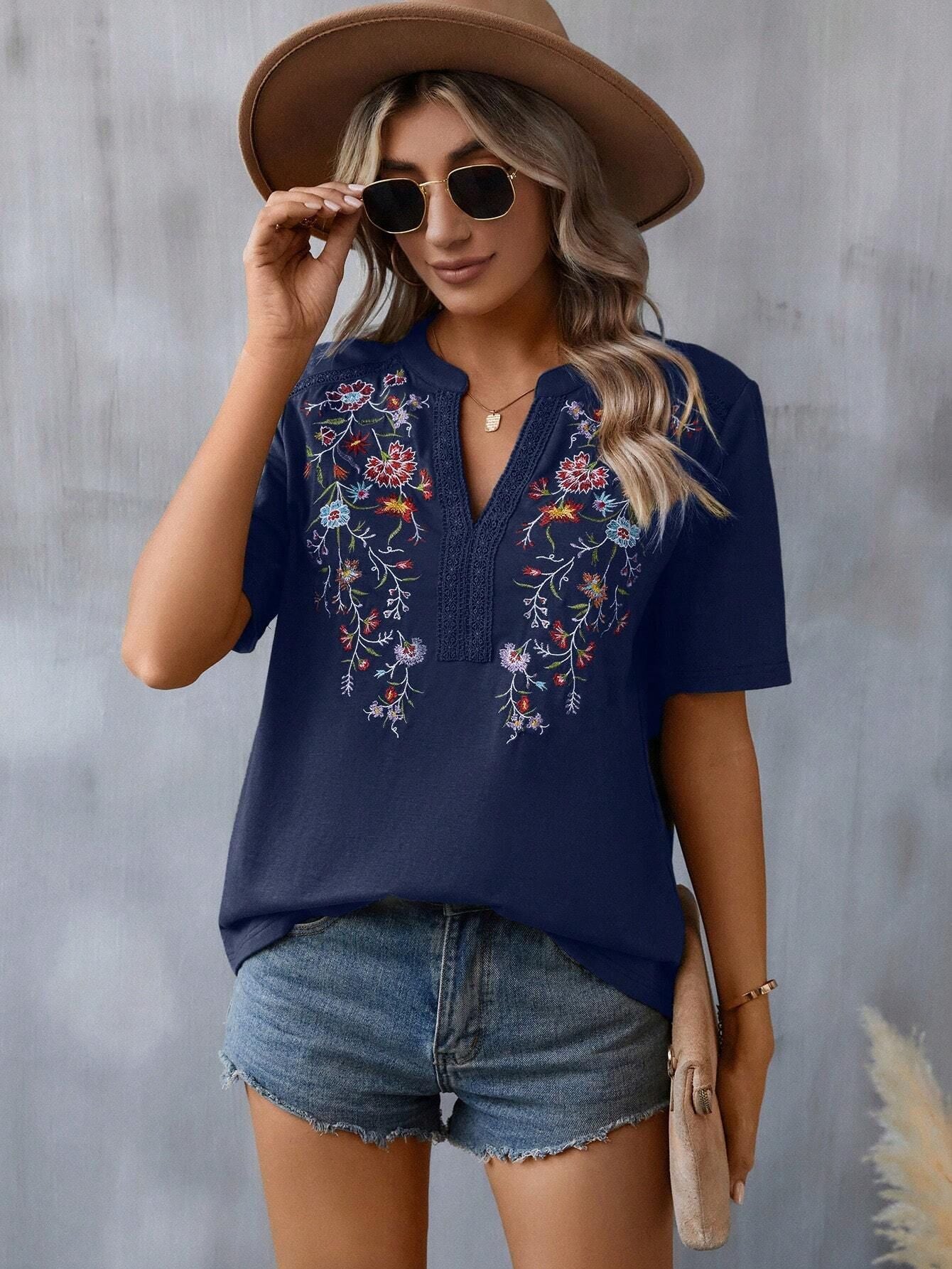 Women’s Embroidered V-Neck Short Sleeve Top