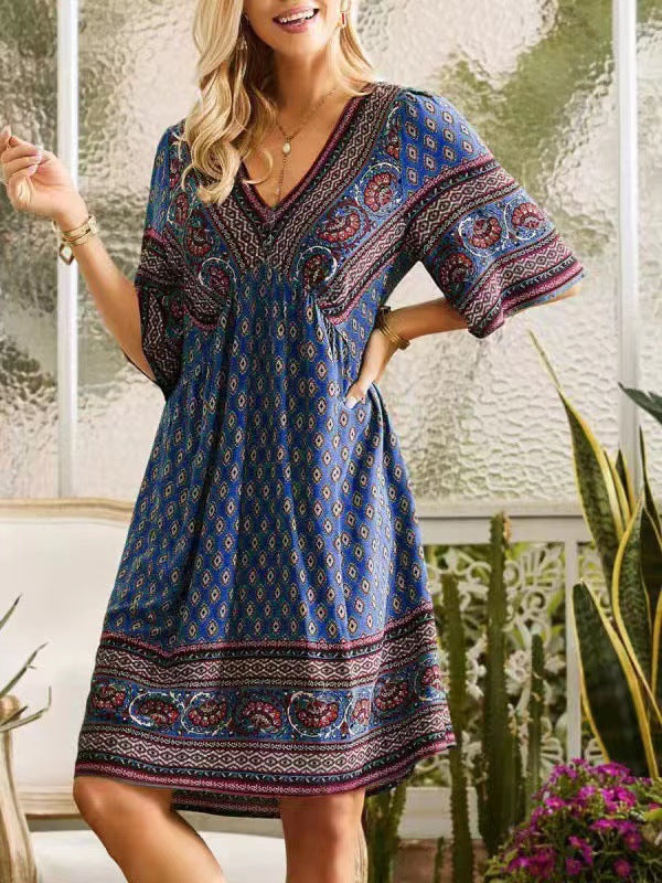 Women’s Loose Fit V-Neck Half Sleeve Boho Midi Dress