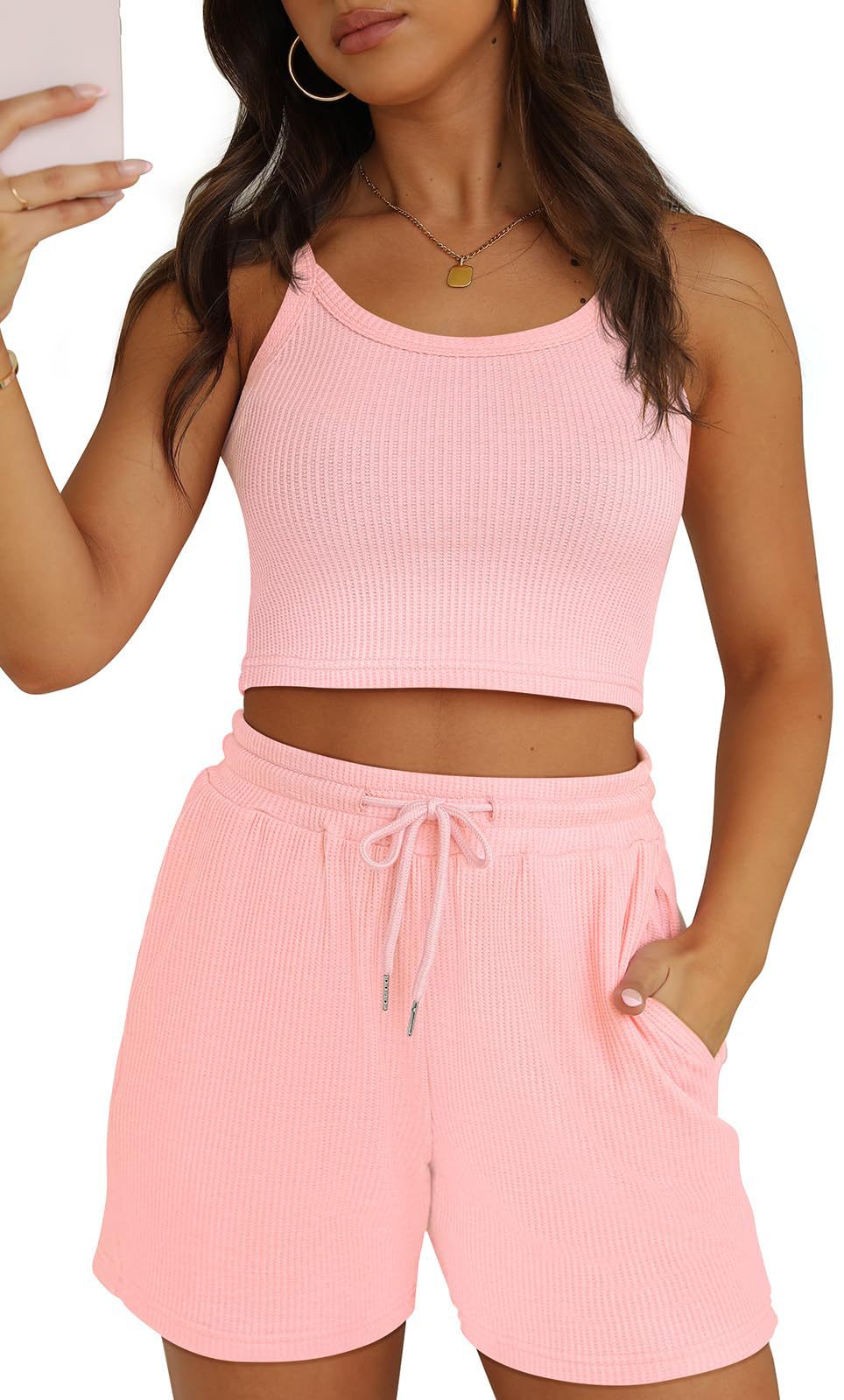 Women's Sleeveless Cropped Top with Matching Drawstring Shorts Set in 6 Colors S-XXL