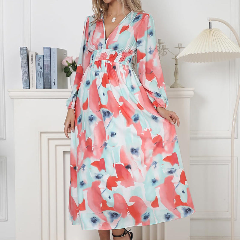 Women’s Printed V-Neck Long Sleeve Summer Maxi Dress