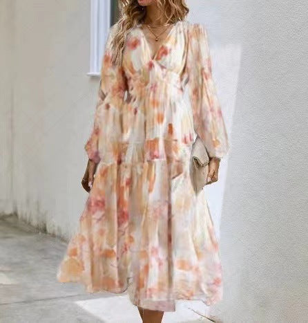 Women’s Printed V-Neck Long Sleeve Summer Maxi Dress