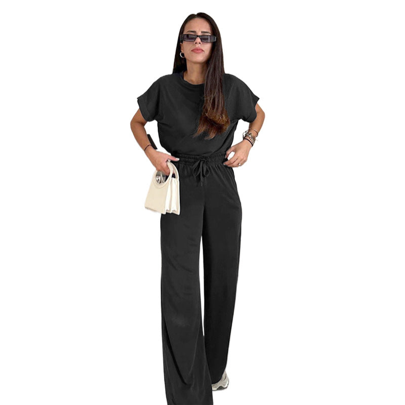 Women's Round Neck Short Sleeve Top with Wide Leg Pants Set