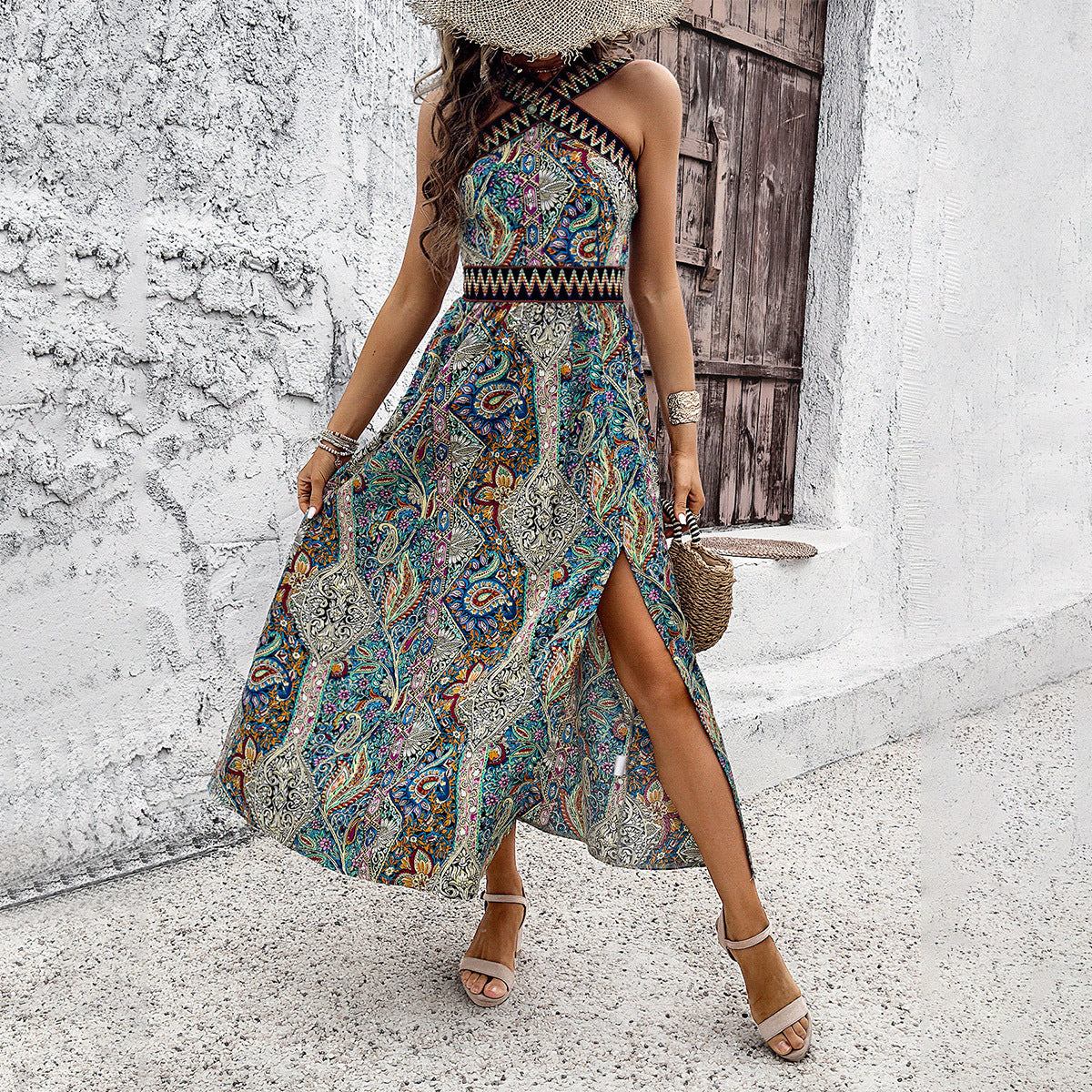 Women's Paisley Print Halterneck Midi Dress with Leg Slit S-XL