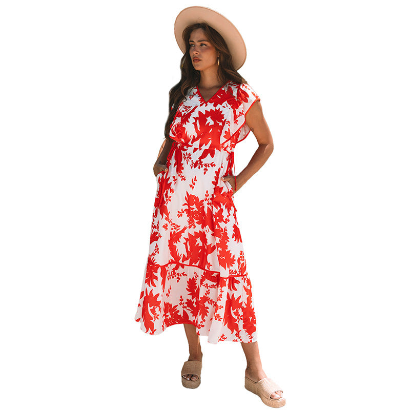 European And American Fashion Flower Printed V-neck Dress Women