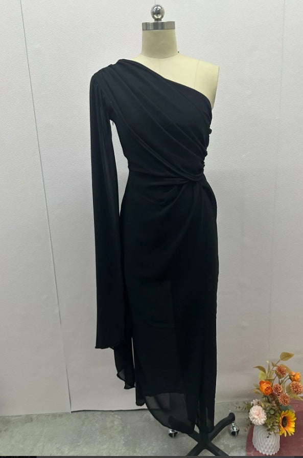 Solid Color Raglan Sleeve Split Women Dress