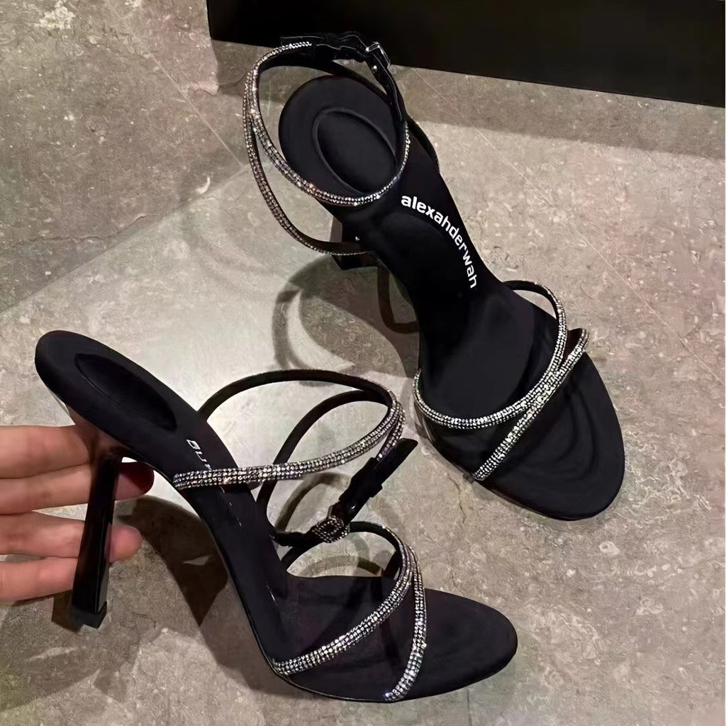 Women’s High Heel Strappy Stilettos with Rhinestones in 2 Colors - Wazzi's Wear