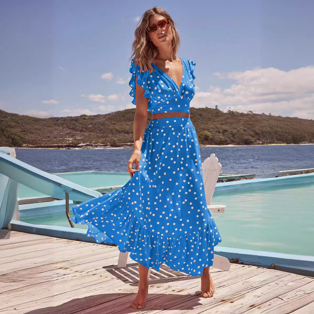 Women's Polka Dot V-Neck Crop Top with Maxi Skirt Set