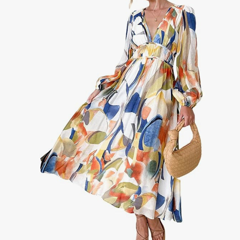 Women’s Printed V-Neck Long Sleeve Summer Maxi Dress