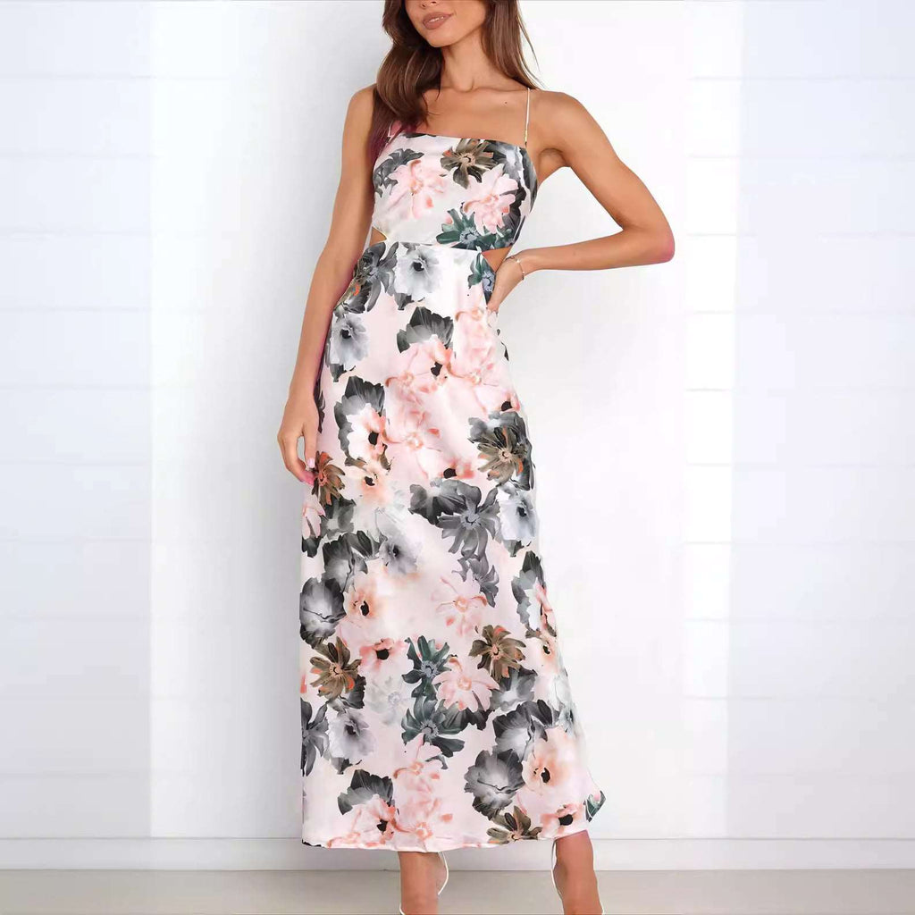 Women’s Sleeveless Backless Satin Floral Maxi Dress