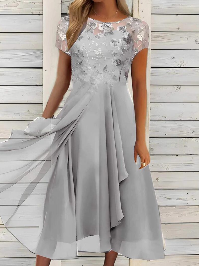 Women's Lace Bodice Short Sleeve Formal Dress with Chiffon Skirt