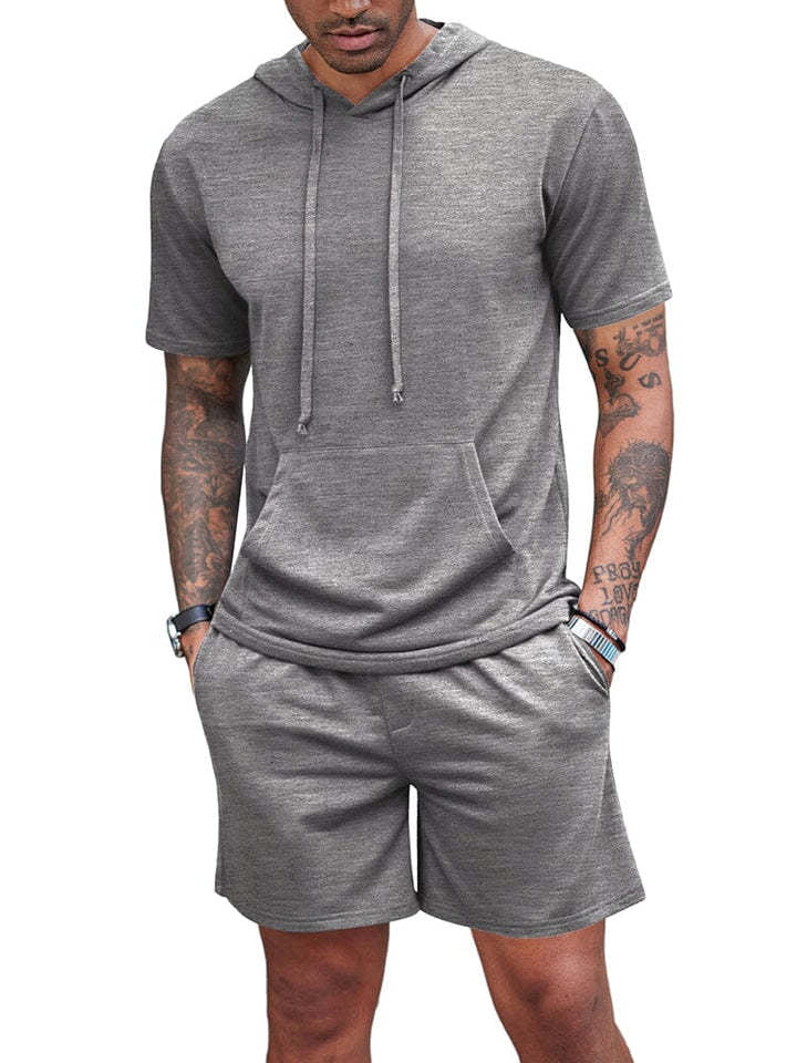 Men's Hooded Drawstring Short Sleeve Top with Shorts Set