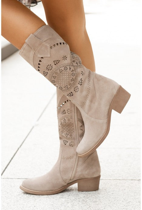 Suede Calf Boots with Short Block Heel