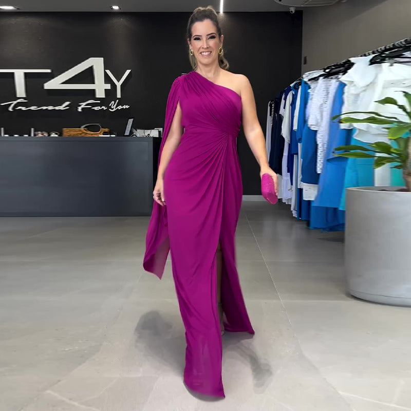 Solid Color Raglan Sleeve Split Women Dress