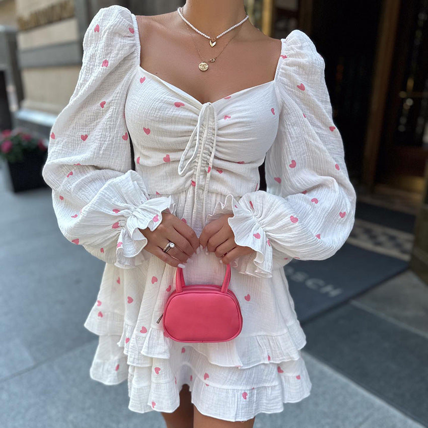 White Crepe Cotton And Linen Square Collar Puff Sleeve Heart Printing High Waist Dress
