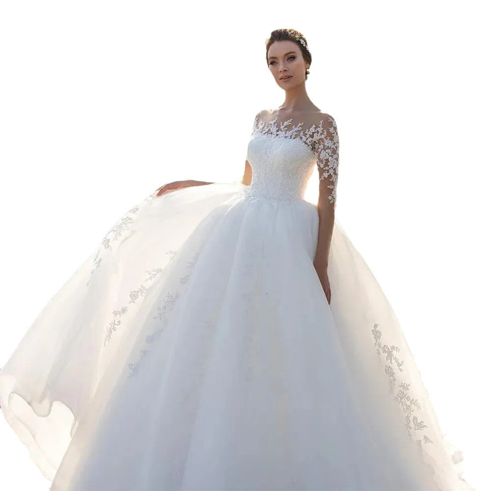 Women’s Chiffon Wedding Dress with Lace Sleeves and Princess Skirt - Wazzi's Wear