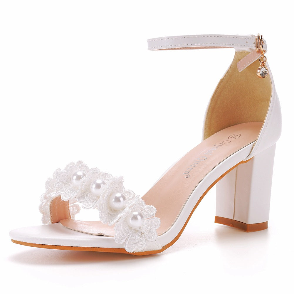 Women's Beaded Flower High Heel Sandals with Ankle Strap - Wazzi's Wear