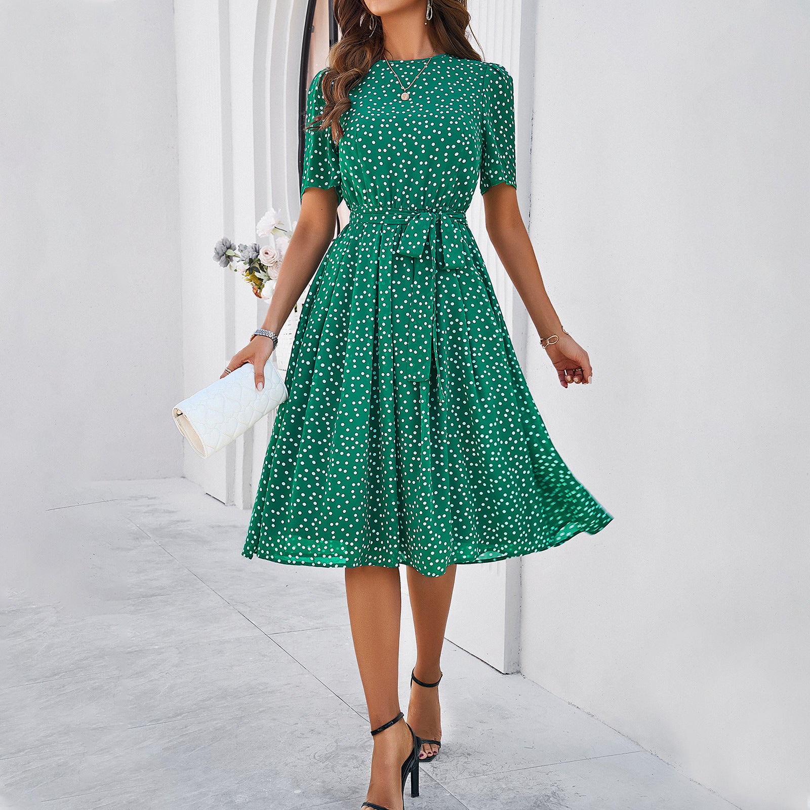 Women's Short Sleeve Polka Dot Dress in 5 Colors S-XL