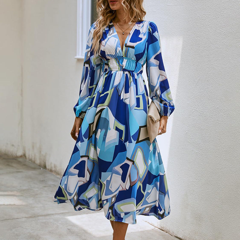 Women’s Printed V-Neck Long Sleeve Summer Maxi Dress