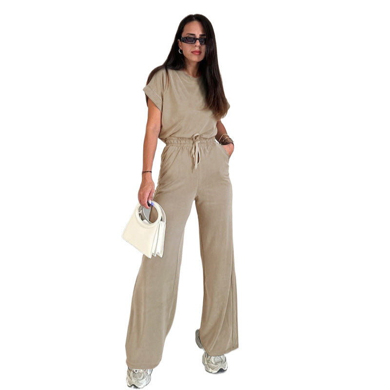 Women's Round Neck Short Sleeve Top with Wide Leg Pants Set