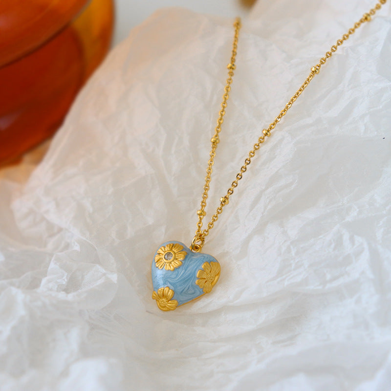 French Exquisite Blue Dripping Enamel Flower Love Necklace For Women