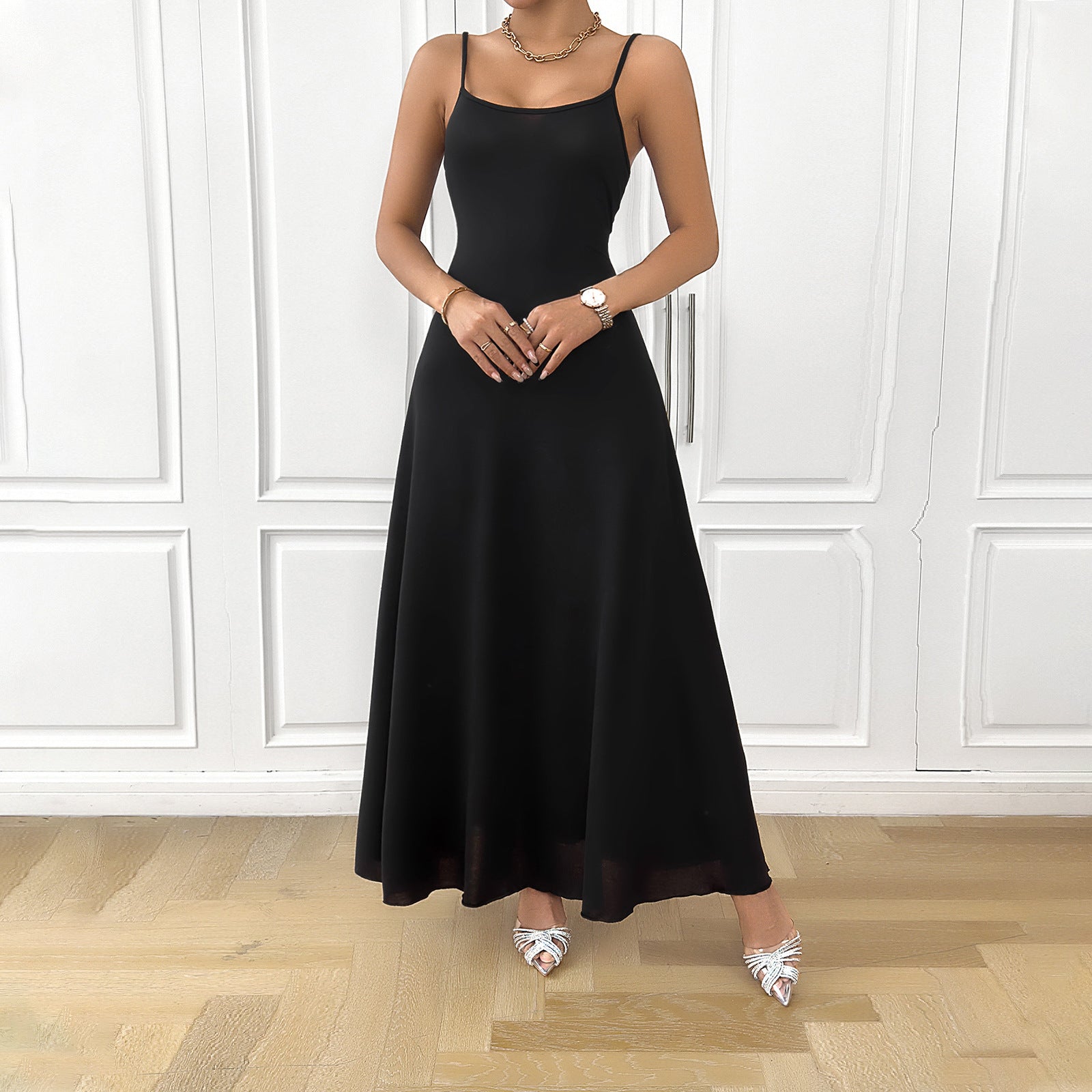 Robe longue formelle noire élégante sans manches pour femmes avec cravate au dos S-XL