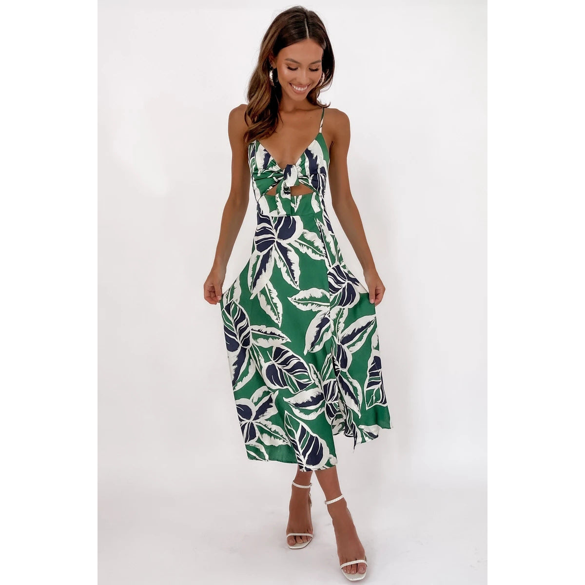 Women’s Sleeveless Leaf Print Midi Dress with Front Tie