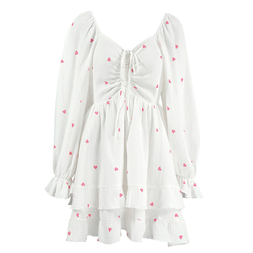 White Crepe Cotton And Linen Square Collar Puff Sleeve Heart Printing High Waist Dress
